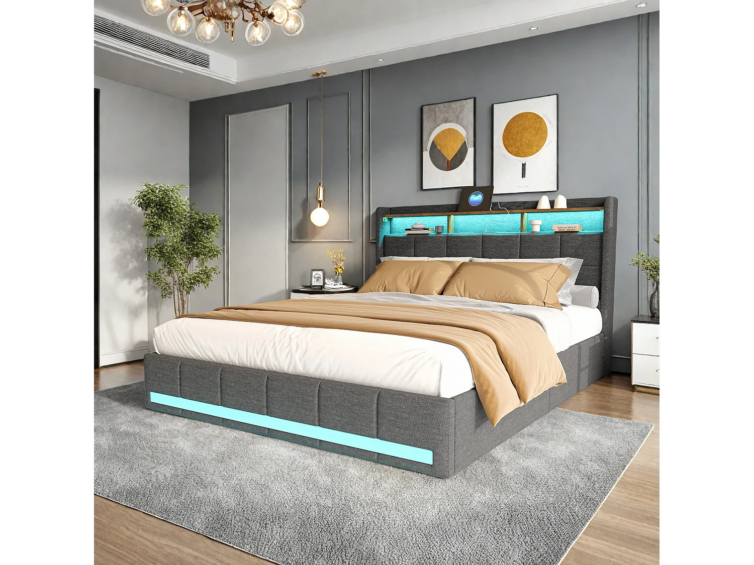 Letto Matrimoniale 160x200 cm Grigio con LED, 4 Cassetti, Ricarica USB e Testiera Imbottita con Contenitore