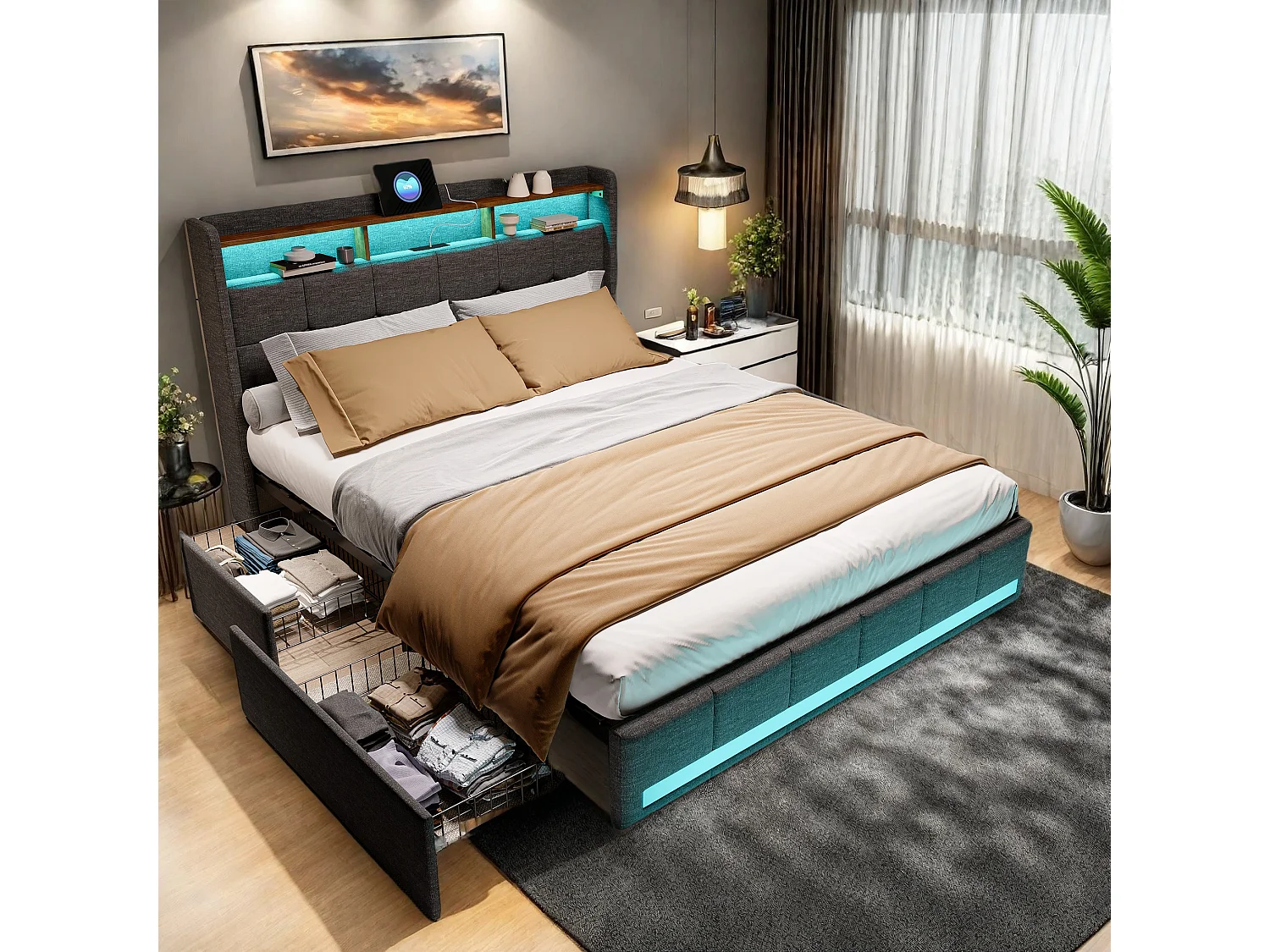 Letto Matrimoniale 160x200 cm Grigio con LED, 4 Cassetti, Ricarica USB e Testiera Imbottita con Contenitore