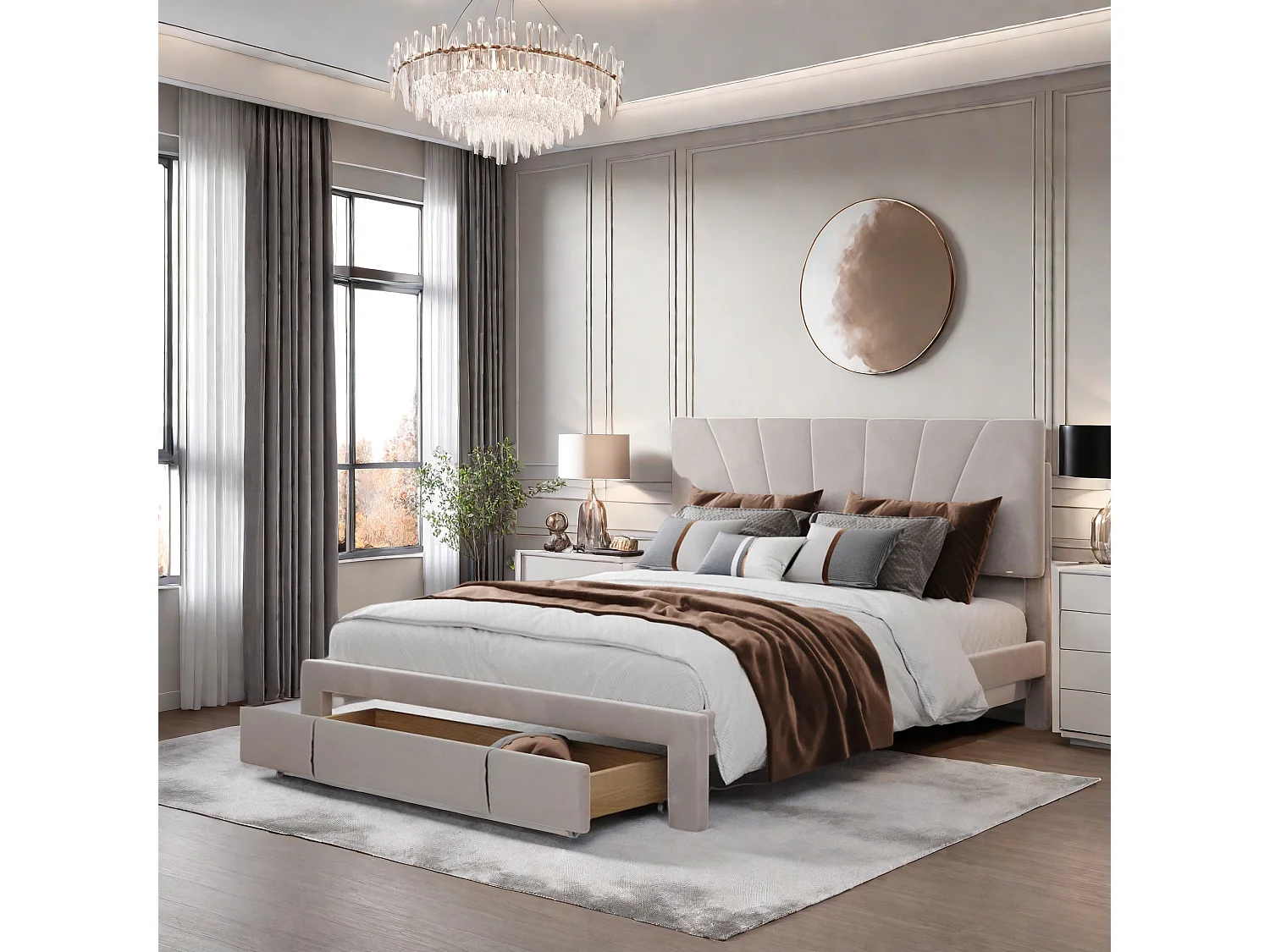 Letto matrimoniale 140x190 cm beige in velluto con cassetto contenitore, struttura solida in acciaio e schiuma ad alta densità, stile classico