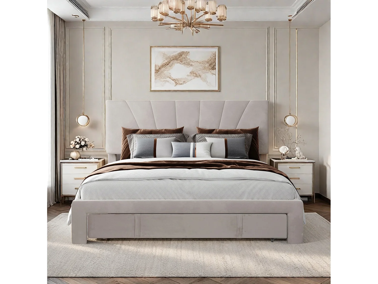 Letto matrimoniale 140x190 cm beige in velluto con cassetto contenitore, struttura solida in acciaio e schiuma ad alta densità, stile classico