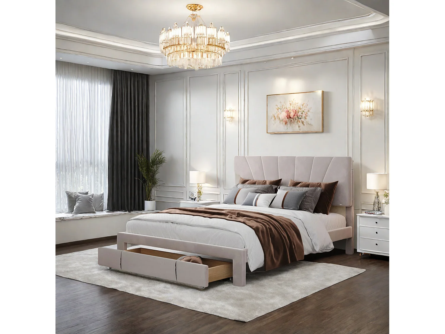 Letto matrimoniale 140x190 cm beige in velluto con cassetto contenitore, struttura solida in acciaio e schiuma ad alta densità, stile classico