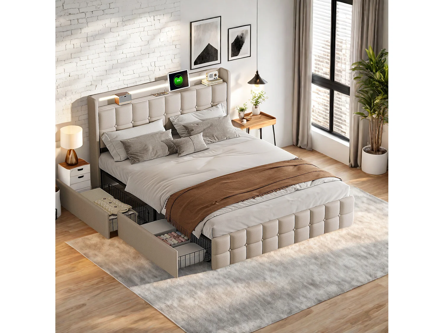 Lit Adulte 160x200 cm avec Sommier à lattes, avec tête de lit USB, éclairage LED, 4 Tiroirs,  Lit 160x200 cm, Beige