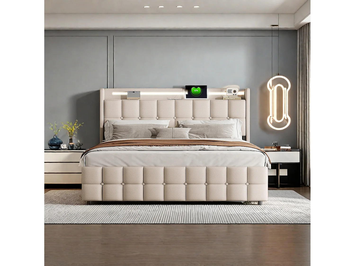 Lit Adulte 160x200 cm avec Sommier à lattes, avec tête de lit USB, éclairage LED, 4 Tiroirs,  Lit 160x200 cm, Beige