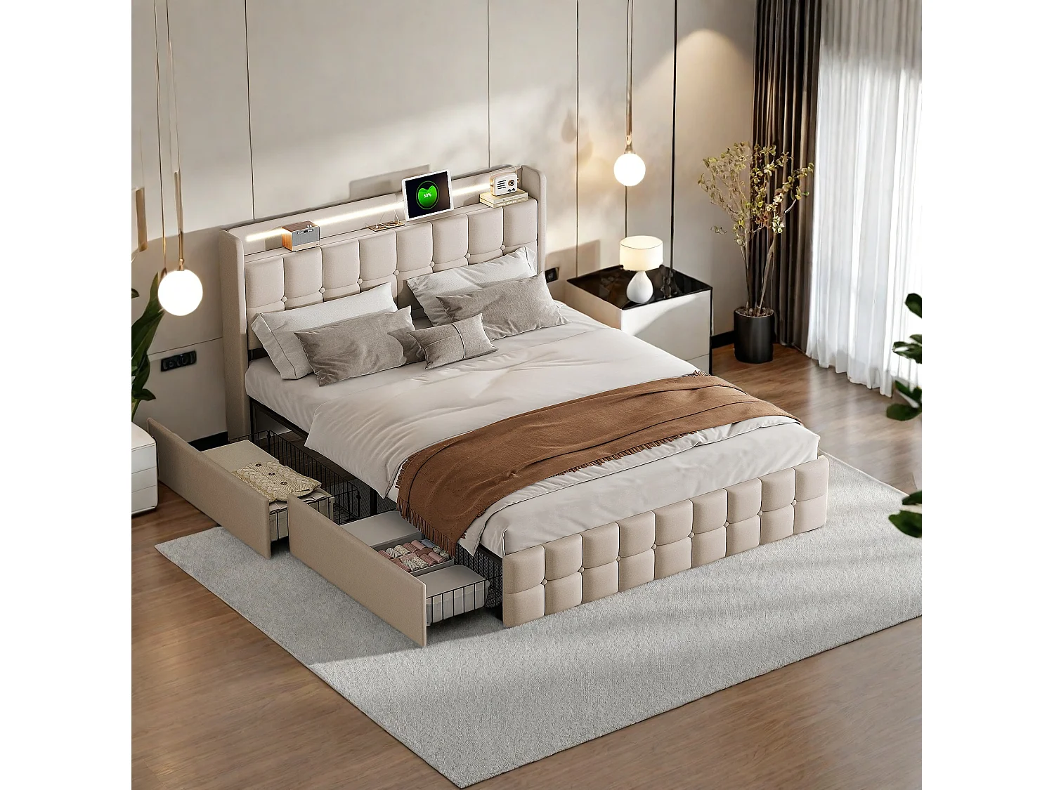 Lit Adulte 160x200 cm avec Sommier à lattes, avec tête de lit USB, éclairage LED, 4 Tiroirs,  Lit 160x200 cm, Beige