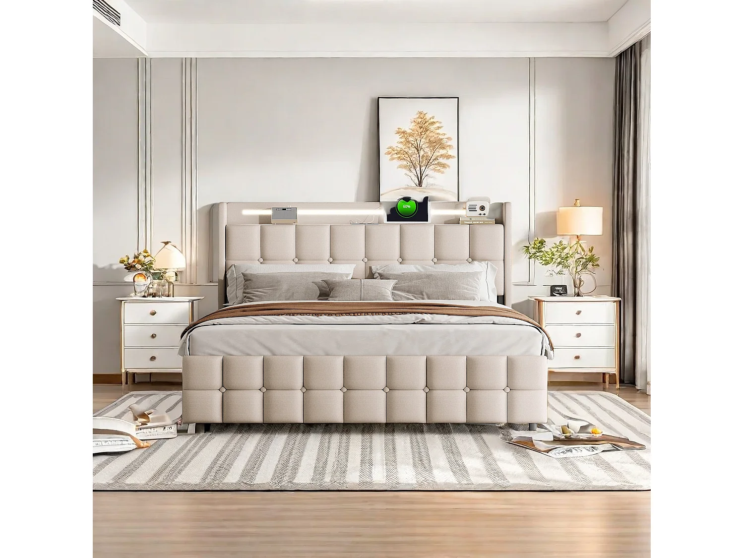 Łóżko dla Dorosłych 160x200 cm z Stelażem, Zagłówkiem z USB, Wielokolorowym Oświetleniem LED i 4 Szufladami do Przechowywania Beżowe