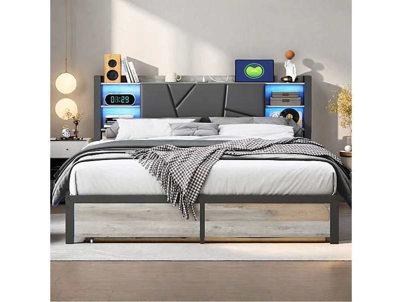 Lit Adulte avec Fonction de chargement USB Type C et 2 Tiroirs Lit double 160 x 200 cm, Lit en métal 160x200 cm