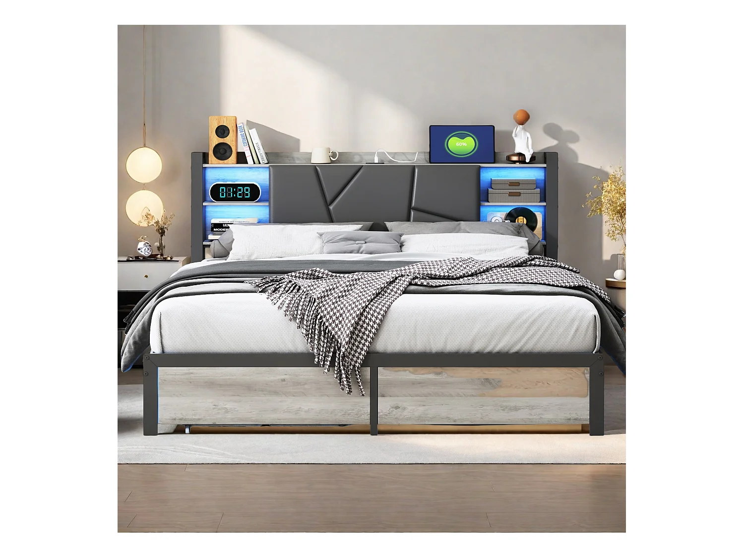 Lit Adulte avec Fonction de chargement USB Type C et 2 Tiroirs Lit double 160 x 200 cm, Lit en métal 160x200 cm