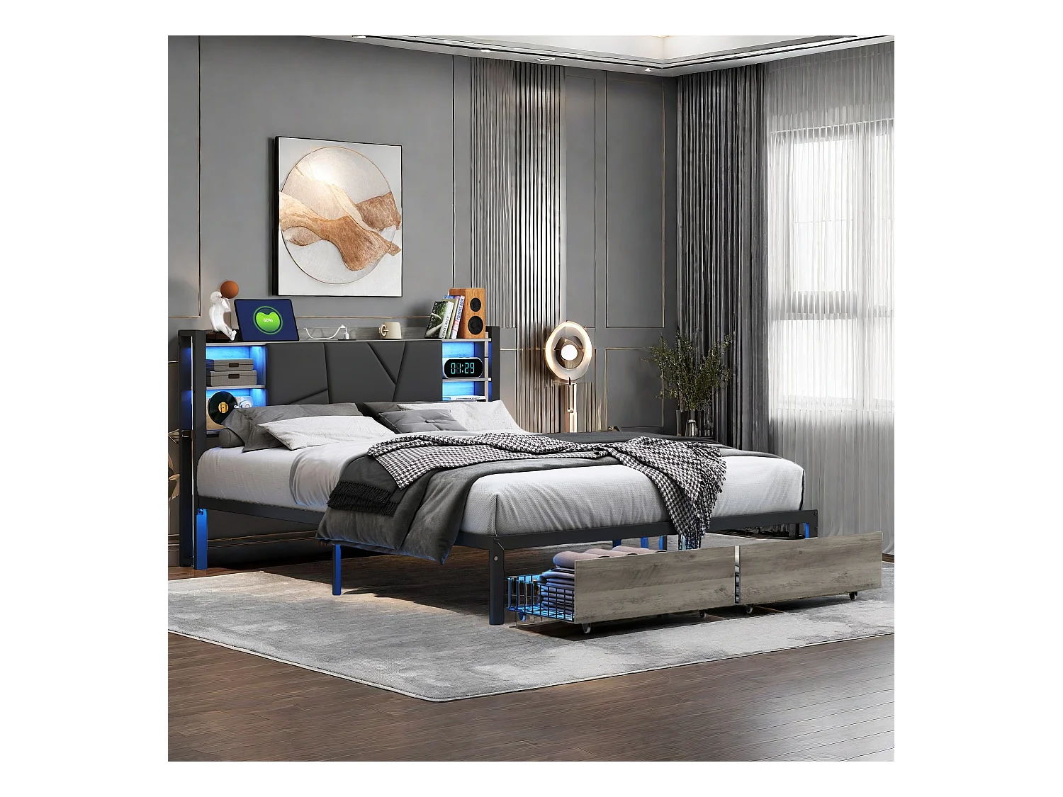 Lit Adulte avec Fonction de chargement USB Type C et 2 Tiroirs Lit double 160 x 200 cm, Lit en métal 160x200 cm