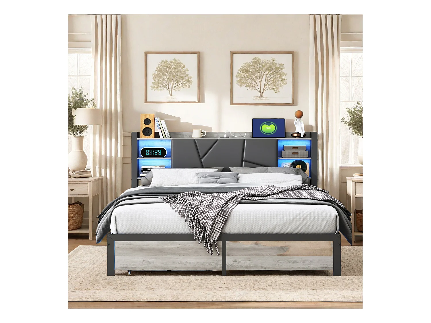 Lit Adulte avec Fonction de chargement USB Type C et 2 Tiroirs Lit double 160 x 200 cm, Lit en métal 160x200 cm