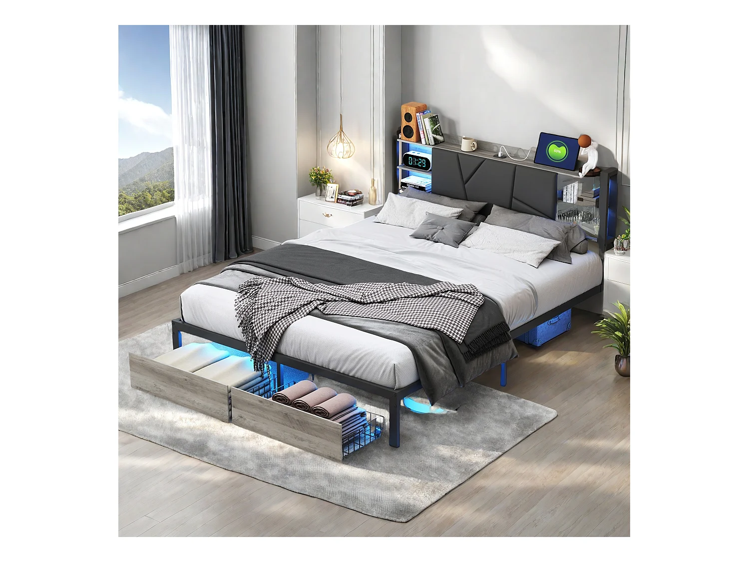 Lit Adulte avec Fonction de chargement USB Type C et 2 Tiroirs Lit double 160 x 200 cm, Lit en métal 160x200 cm