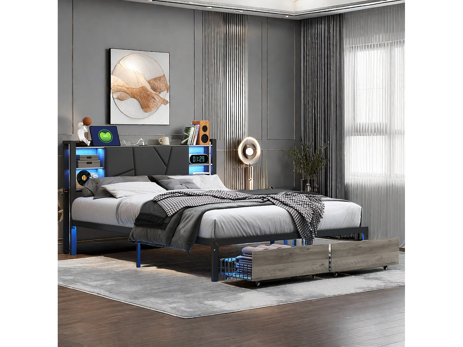 Lit Adulte avec Fonction de chargement USB Type C et 2 Tiroirs Lit double 160 x 200 cm, Lit en métal 160x200 cm