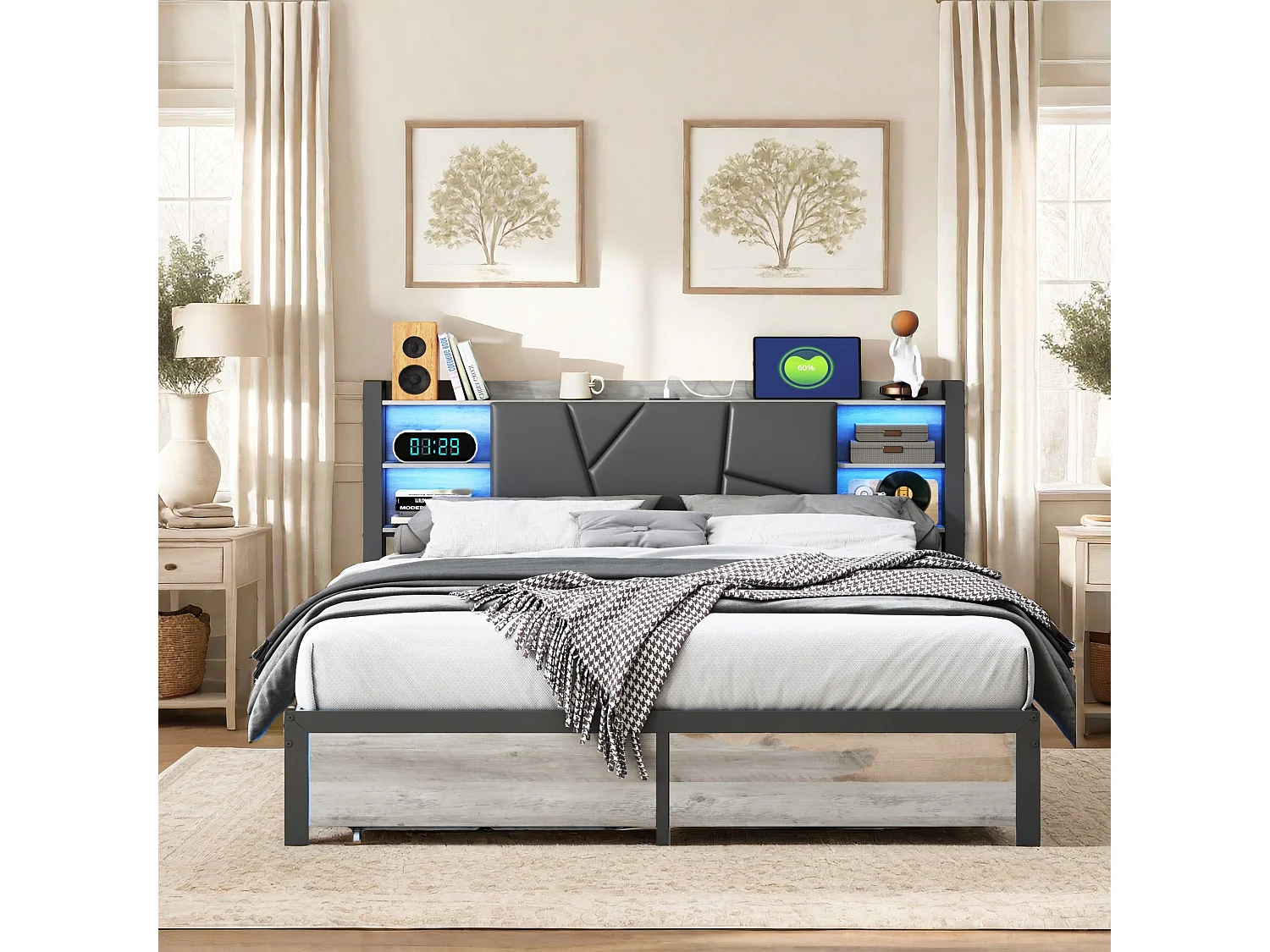 Lit Adulte avec Fonction de chargement USB Type C et 2 Tiroirs Lit double 160 x 200 cm, Lit en métal 160x200 cm