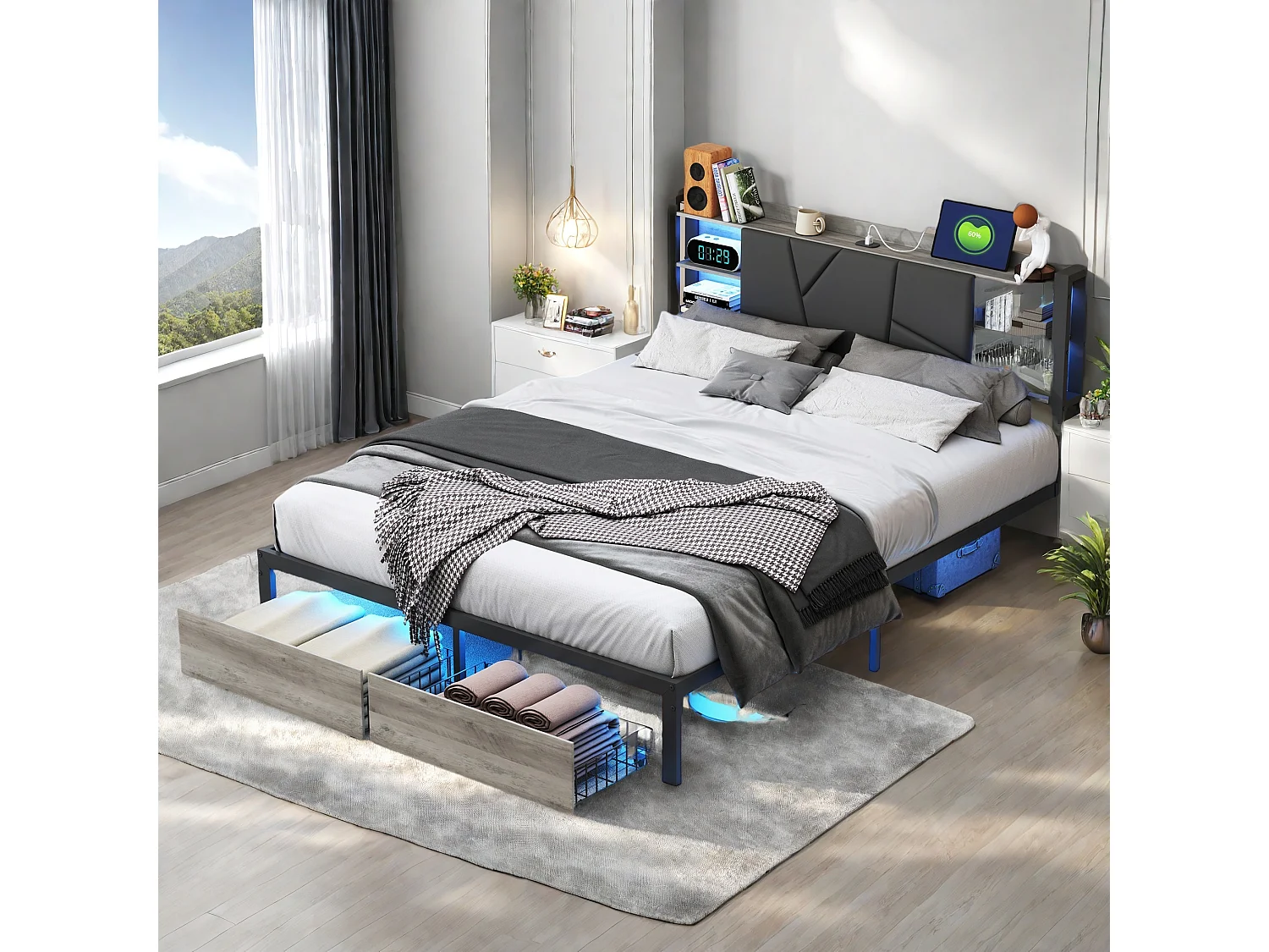 Lit Adulte avec Fonction de chargement USB Type C et 2 Tiroirs Lit double 160 x 200 cm, Lit en métal 160x200 cm