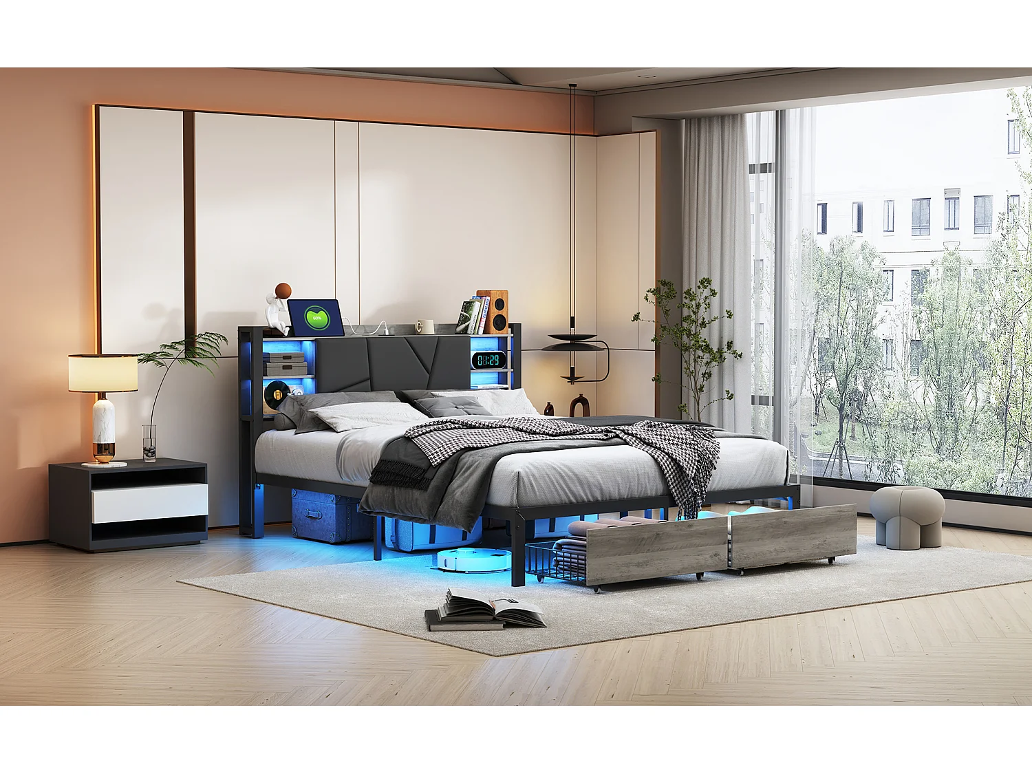 Letto Matrimoniale 160x200 cm con Cassetti, Testiera Multifunzionale LED e Porte USB - Struttura in Metallo e Legno Grigio Nero Stile Scandinavo