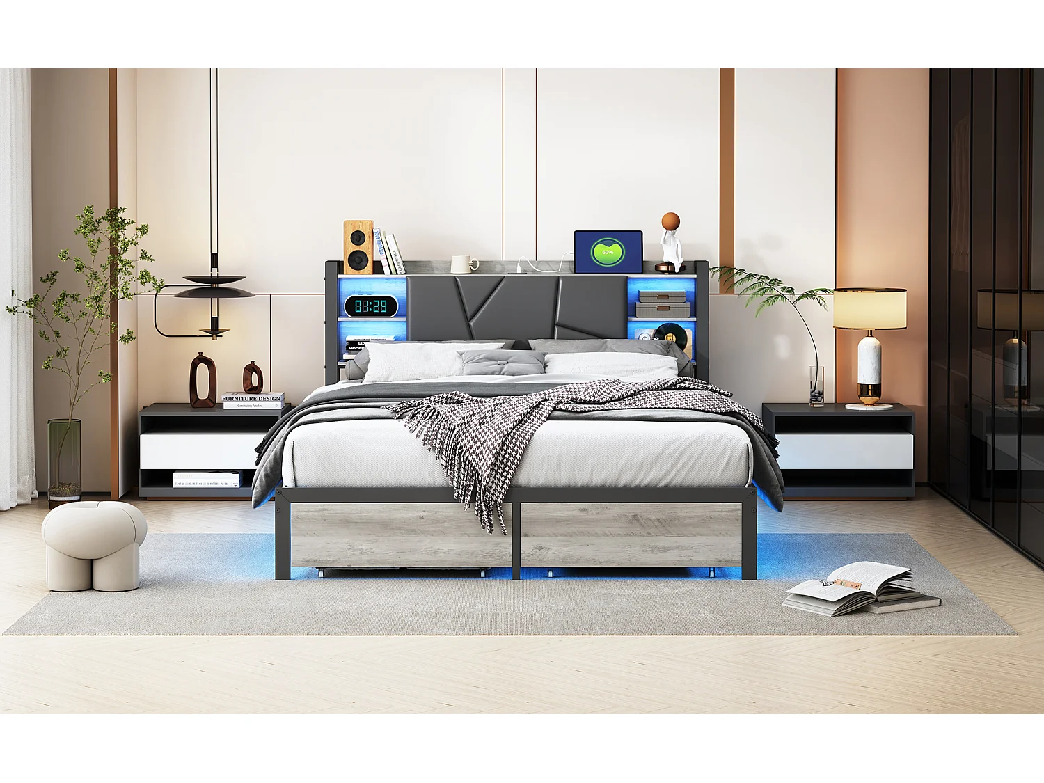 Letto Matrimoniale 160x200 cm con Cassetti, Testiera Multifunzionale LED e Porte USB - Struttura in Metallo e Legno Grigio Nero Stile Scandinavo