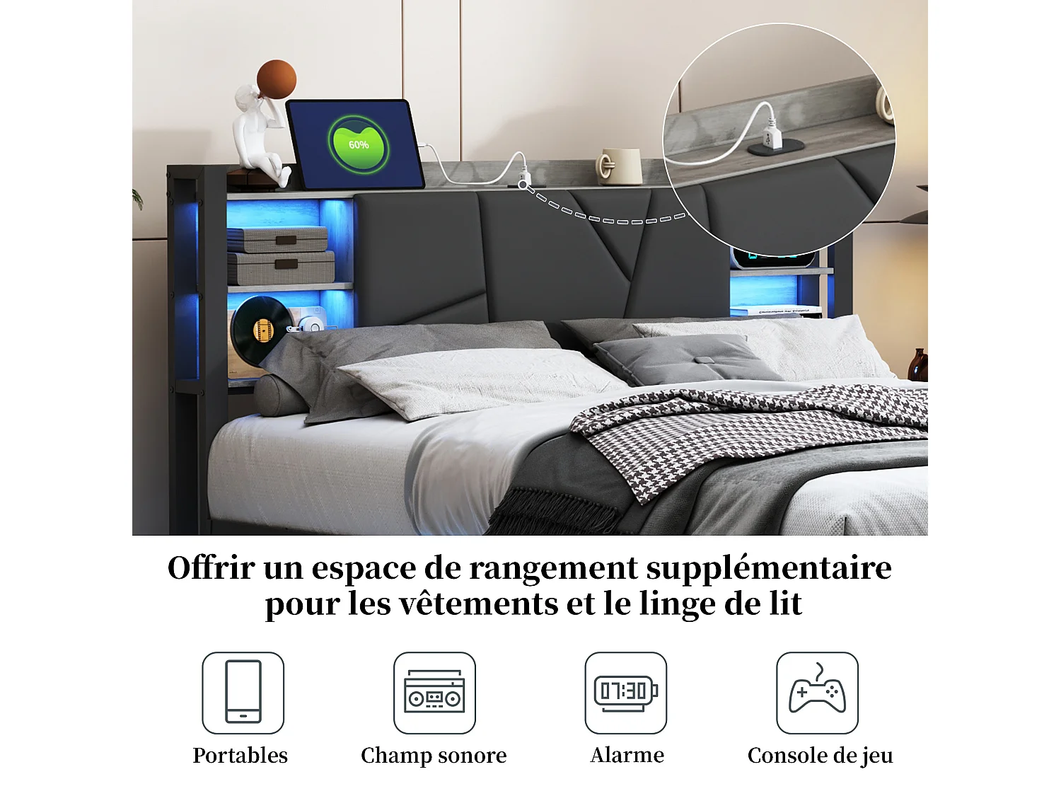 Letto Matrimoniale 160x200 cm con Cassetti, Testiera Multifunzionale LED e Porte USB - Struttura in Metallo e Legno Grigio Nero Stile Scandinavo