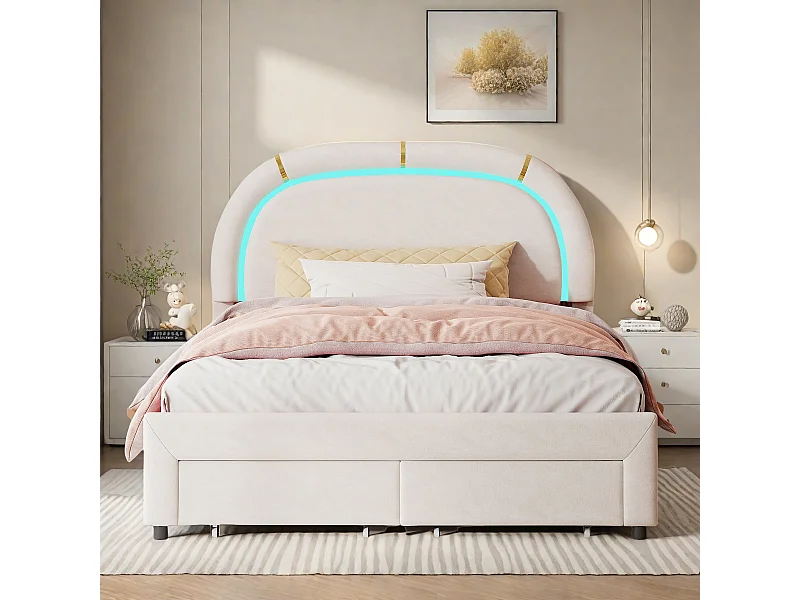 Lit Adulte 140x200 cm, Tête de lit rembourrée avec lumineuse LED, 2 Tiroirs, Velours, cadre de lit 140x200 cm, Beige