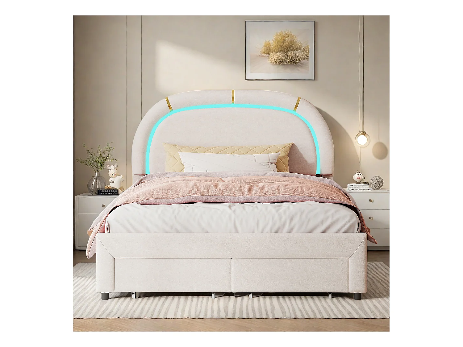 Lit Adulte 140x200 cm, Tête de lit rembourrée avec lumineuse LED, 2 Tiroirs, Velours, cadre de lit 140x200 cm, Beige