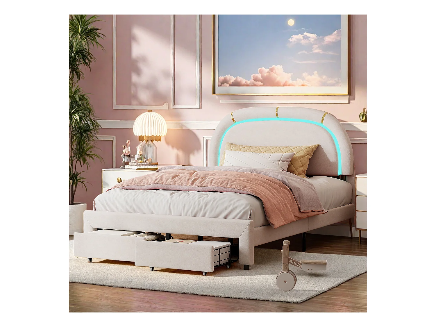 Lit Adulte 140x200 cm, Tête de lit rembourrée avec lumineuse LED, 2 Tiroirs, Velours, cadre de lit 140x200 cm, Beige