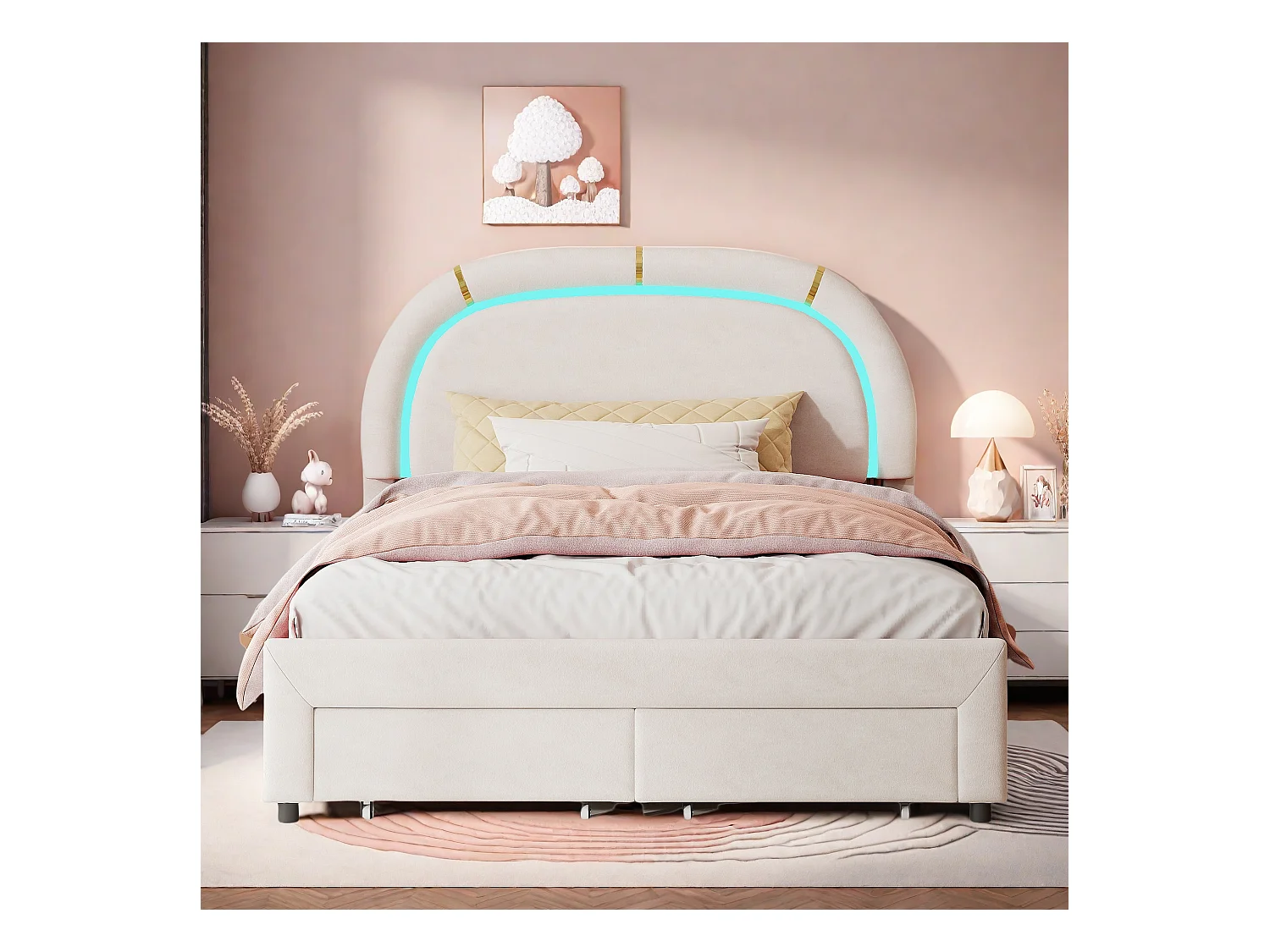 Lit Adulte 140x200 cm, Tête de lit rembourrée avec lumineuse LED, 2 Tiroirs, Velours, cadre de lit 140x200 cm, Beige