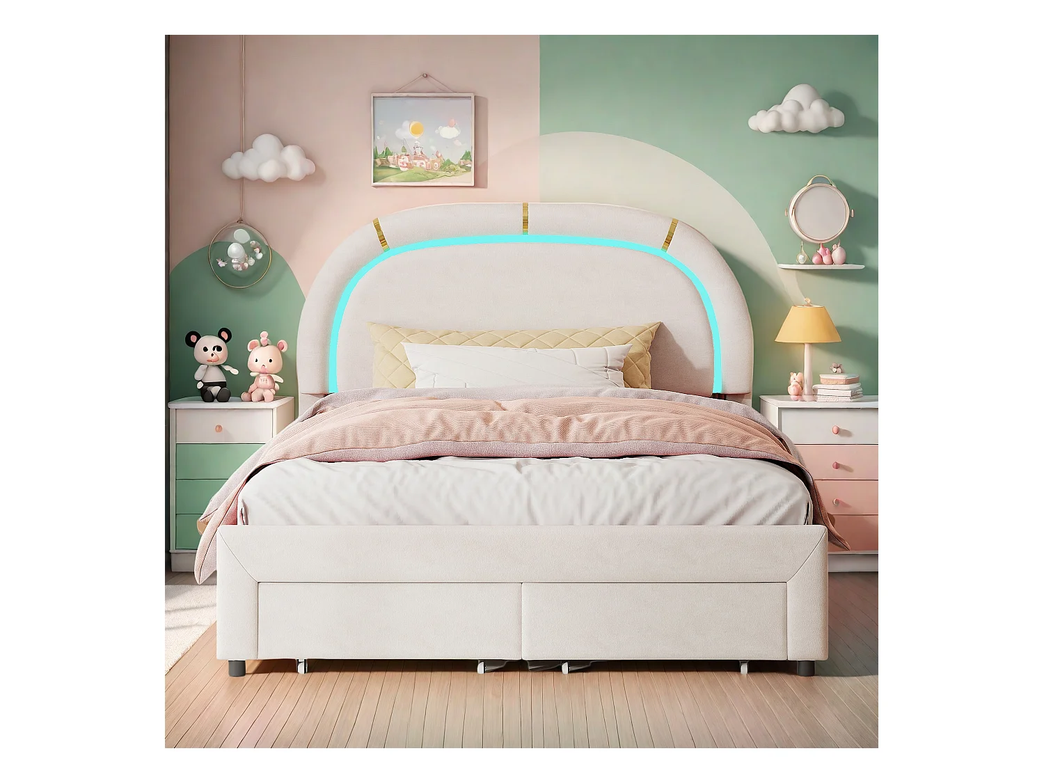 Lit Adulte 140x200 cm, Tête de lit rembourrée avec lumineuse LED, 2 Tiroirs, Velours, cadre de lit 140x200 cm, Beige