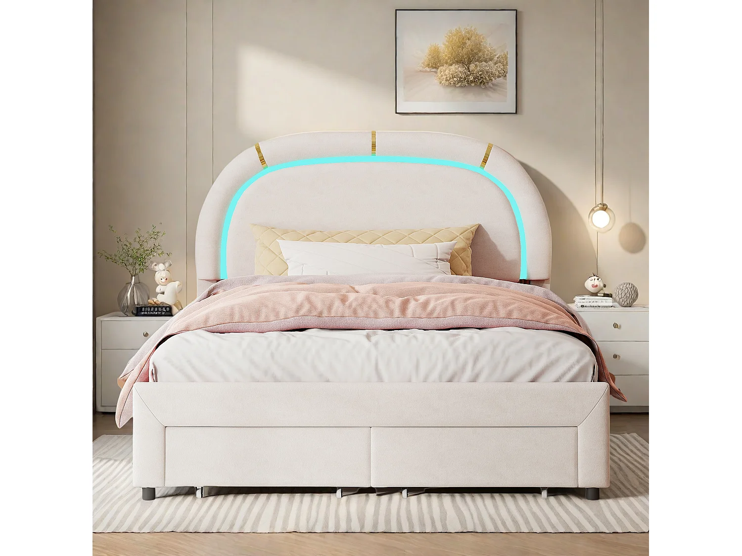 Lit Adulte 140x200 cm, Tête de lit rembourrée avec lumineuse LED, 2 Tiroirs, Velours, cadre de lit 140x200 cm, Beige