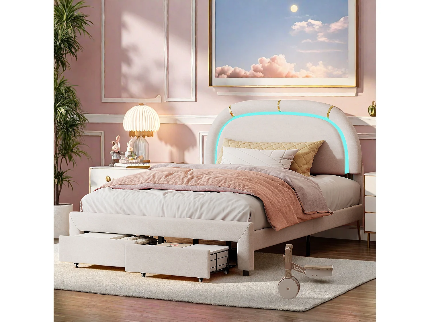 Lit Adulte 140x200 cm, Tête de lit rembourrée avec lumineuse LED, 2 Tiroirs, Velours, cadre de lit 140x200 cm, Beige