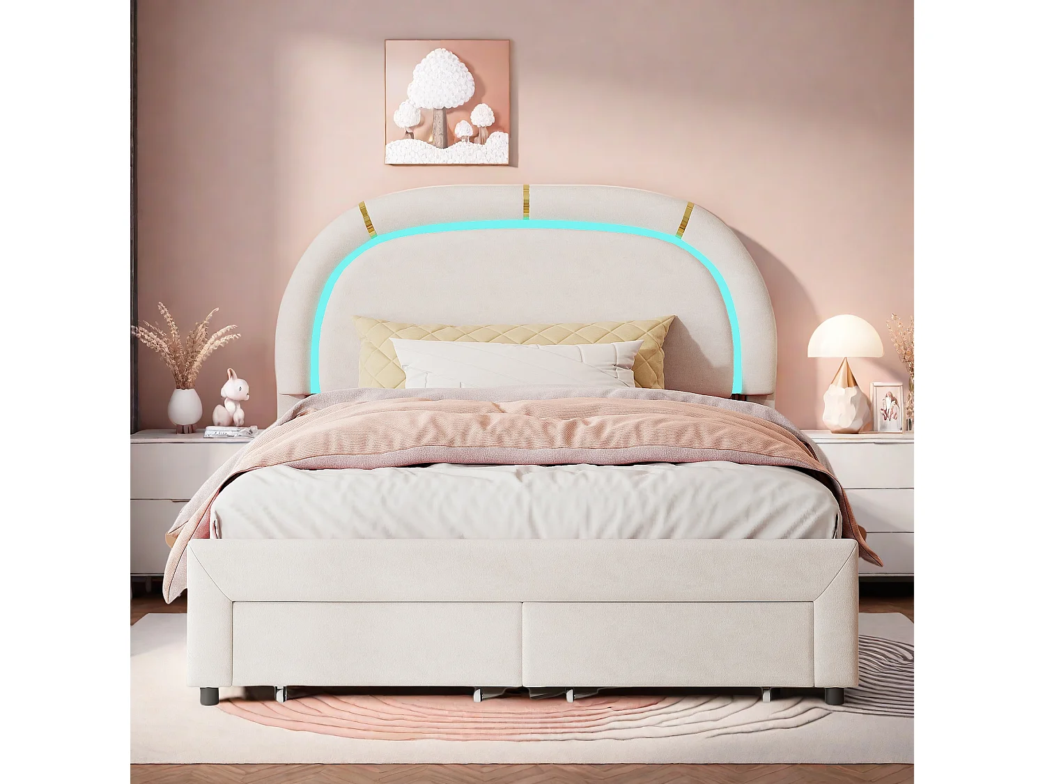 Lit Adulte 140x200 cm, Tête de lit rembourrée avec lumineuse LED, 2 Tiroirs, Velours, cadre de lit 140x200 cm, Beige