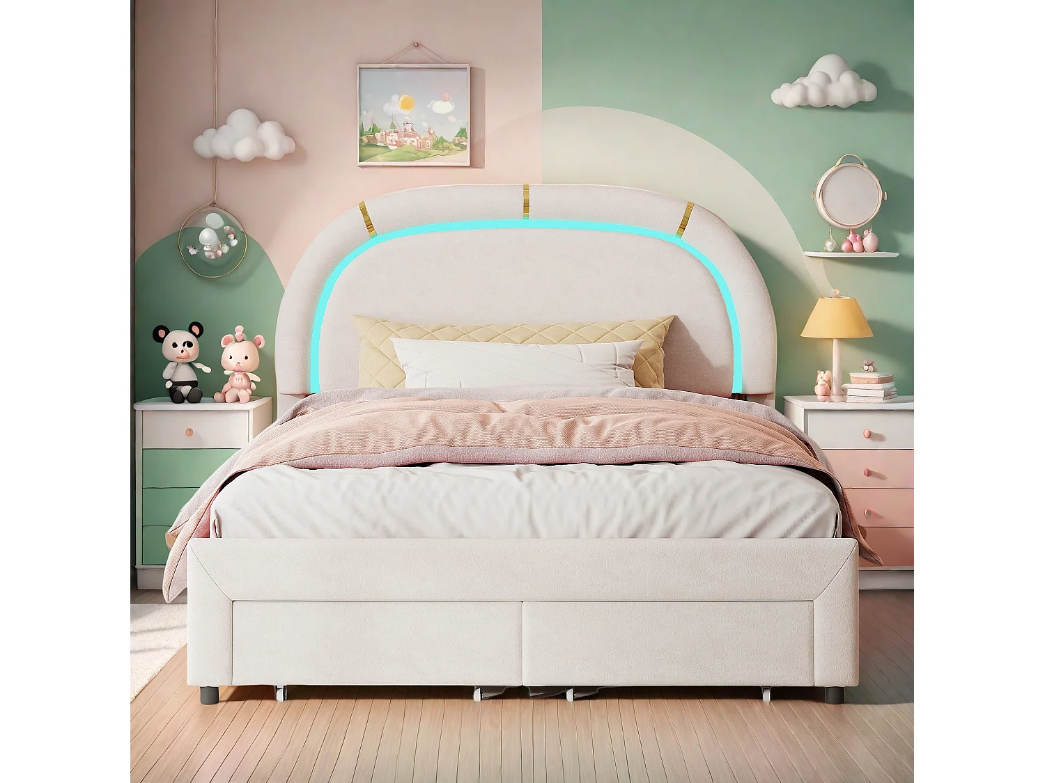 Lit Adulte 140x200 cm, Tête de lit rembourrée avec lumineuse LED, 2 Tiroirs, Velours, cadre de lit 140x200 cm, Beige