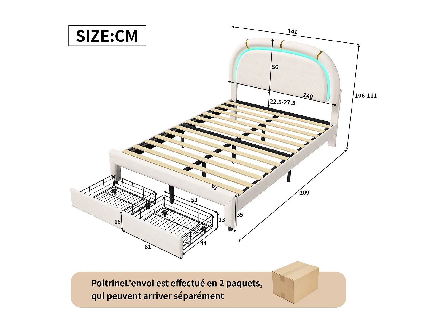 Lit Adulte 140x200 cm, Tête de lit rembourrée avec lumineuse LED, 2 Tiroirs, Velours, cadre de lit 140x200 cm, Beige
