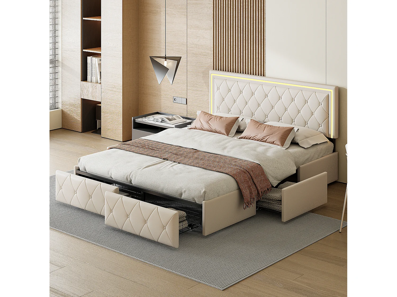 Cadre De Lit En Métal Avec Lattes En Bois, Lit Adulte Avec Tiroirs De Rangement 160x200 cm, Tête De Lit Avec LED, Tissu En PU, Beige