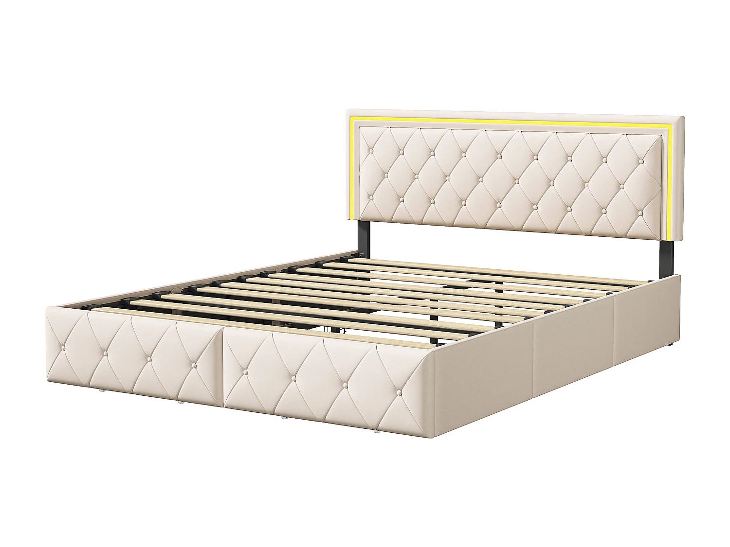 Cadre De Lit En Métal Avec Lattes En Bois, Lit Adulte Avec Tiroirs De Rangement 160x200 cm, Tête De Lit Avec LED, Tissu En PU, Beige