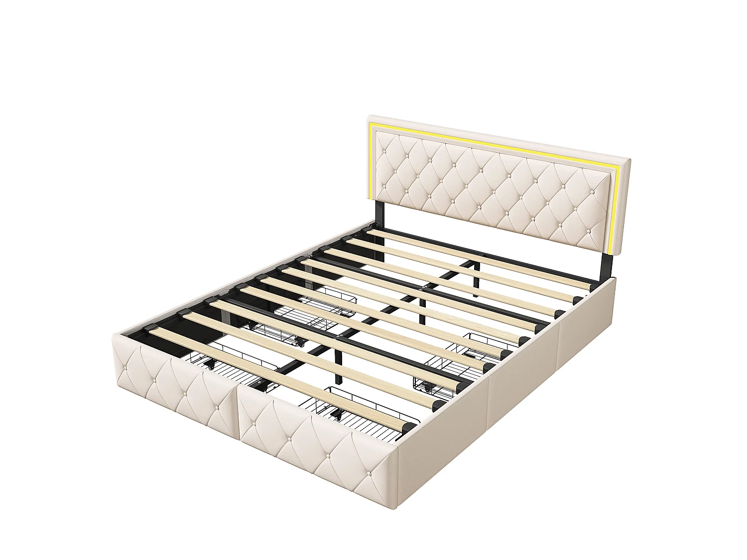 Cadre De Lit En Métal Avec Lattes En Bois 160x200 cm, Lit Adulte Avec Tiroirs De Rangement , Tête De Lit Avec LED, Tissu En PU, Beige