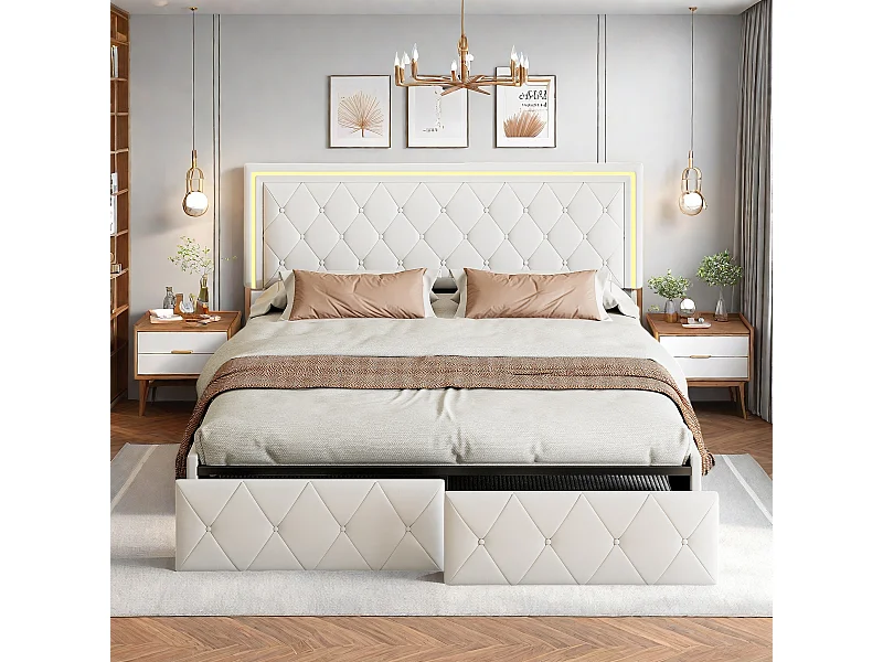 Cadre De Lit En Métal Avec Lattes En Bois, Lit Adulte Avec Tiroirs De Rangement 160x200 cm, Tête De Lit Avec LED, Tissu En PU, Beige