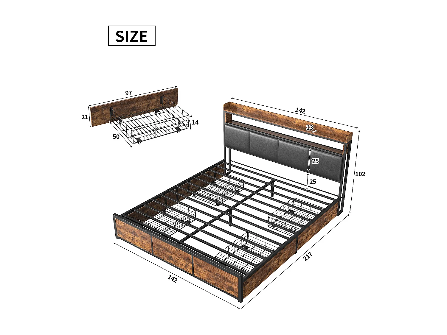 Lit 140x200 cm en métal, Structure de lit, Lit 2 personnes, Noir, Lit Adulte avec 4 tiroirs, Sommier à lattes en métal