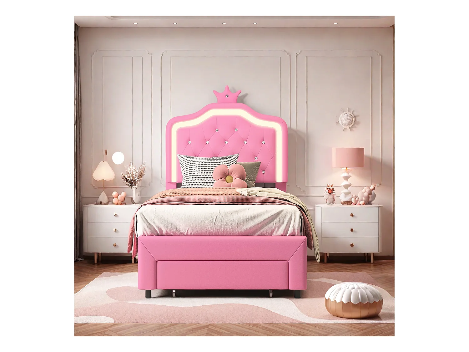 Lit Simple 90x200 cm avec Sommier et tête de lit réglable, Lit Enfant avec Tiroir et Tête de lit Couronne avec LED