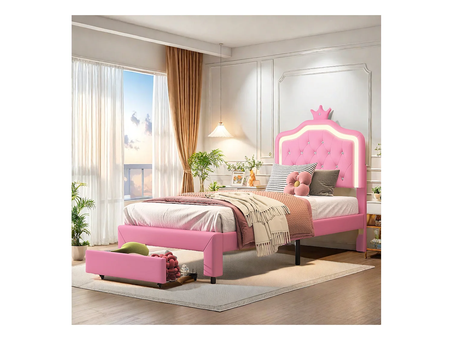 Lit Simple 90x200 cm avec Sommier et tête de lit réglable, Lit Enfant avec Tiroir et Tête de lit Couronne avec LED