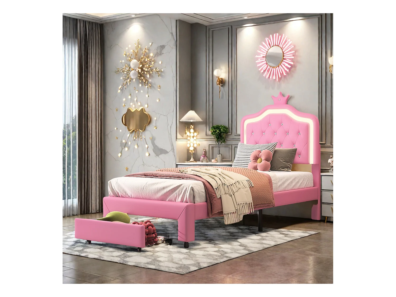 Lit Simple 90x200 cm avec Sommier et tête de lit réglable, Lit Enfant avec Tiroir et Tête de lit Couronne avec LED