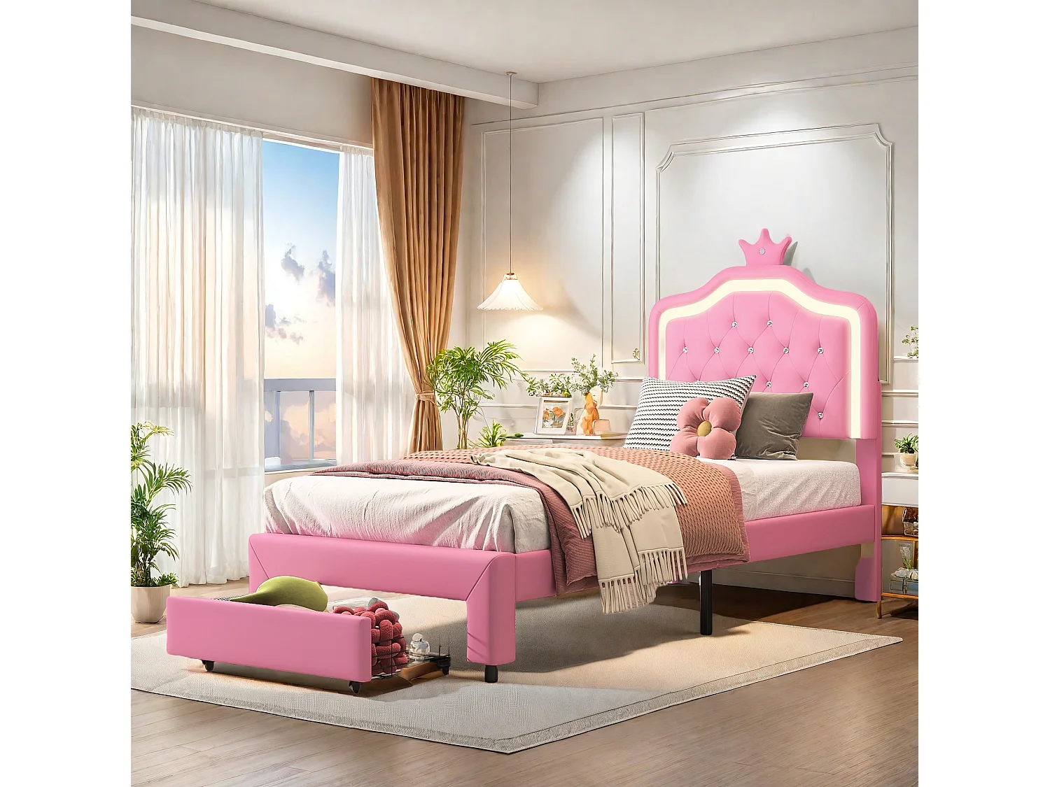 Lit Simple 90x200 cm avec Sommier et tête de lit réglable, Lit Enfant avec Tiroir et Tête de lit Couronne avec LED