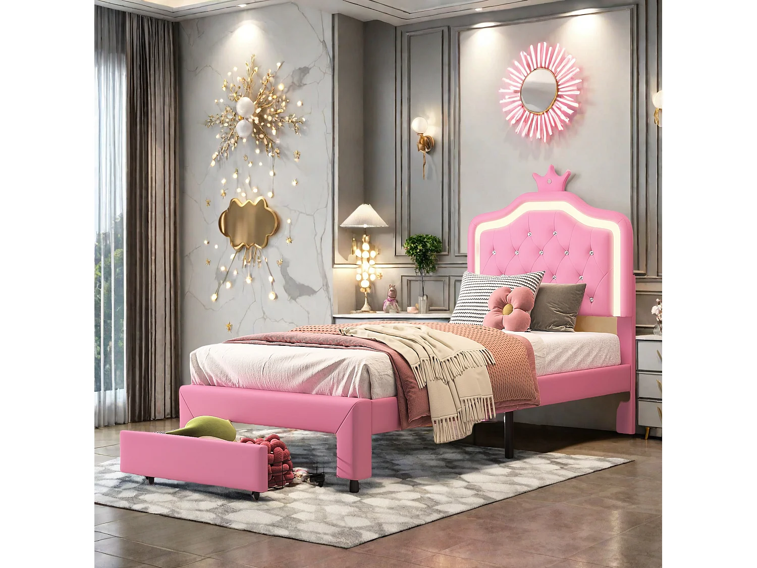 Lit Simple 90x200 cm avec Sommier et tête de lit réglable, Lit Enfant avec Tiroir et Tête de lit Couronne avec LED