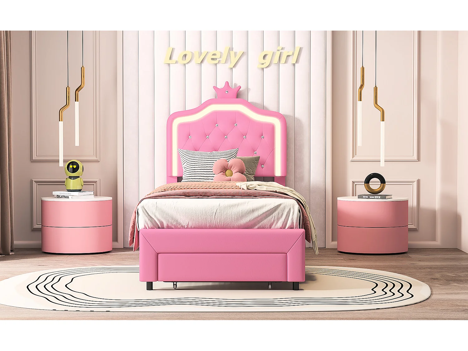 Lit Enfant Princesse 90×200cm en Simili Cuir - Avec Éclairage LED + Tête de Lit Couronne + Tiroir à Roulettes - Sommier à Lattes - Rose