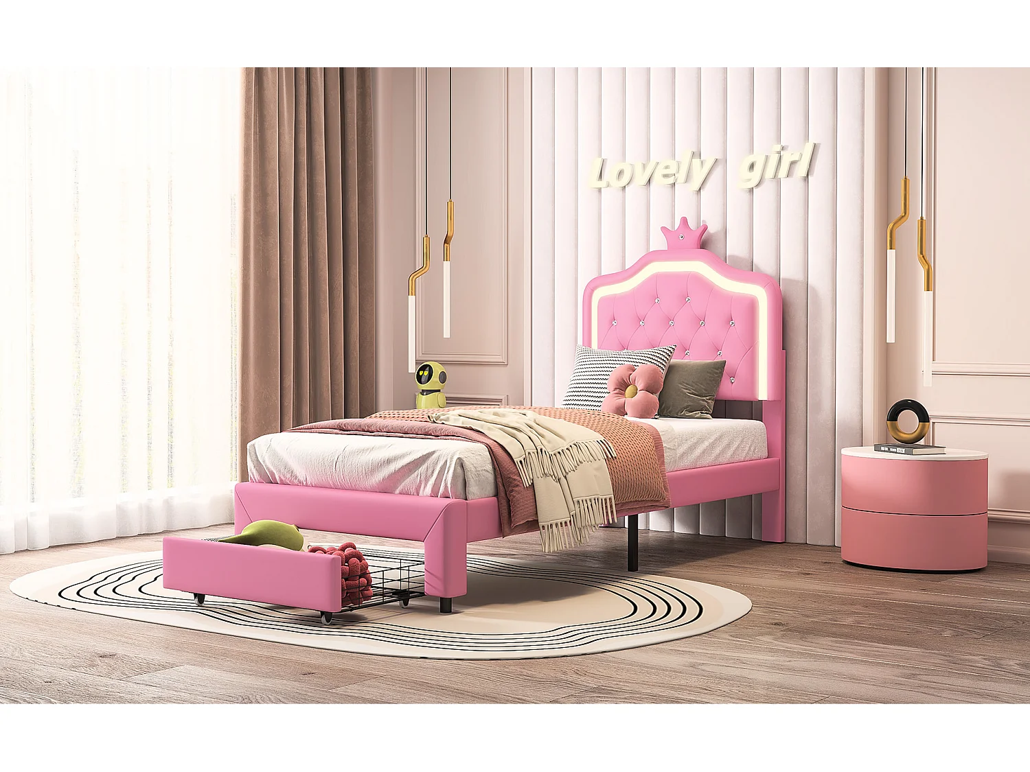 Lit Enfant Princesse 90×200cm en Simili Cuir - Avec Éclairage LED + Tête de Lit Couronne + Tiroir à Roulettes - Sommier à Lattes - Rose