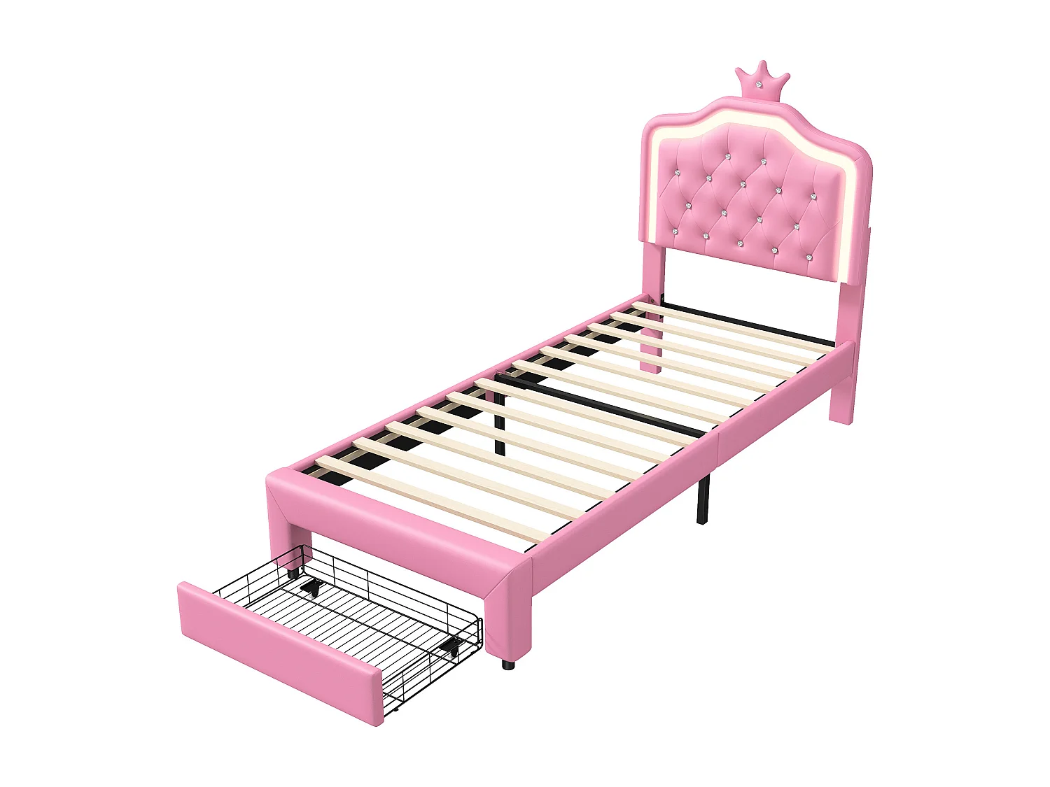 Lit Enfant Princesse 90×200cm en Simili Cuir - Avec Éclairage LED + Tête de Lit Couronne + Tiroir à Roulettes - Sommier à Lattes - Rose