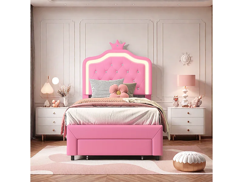 Lit Simple 90x200 cm avec Sommier et tête de lit réglable, Lit Enfant avec Tiroir et Tête de lit Couronne avec LED