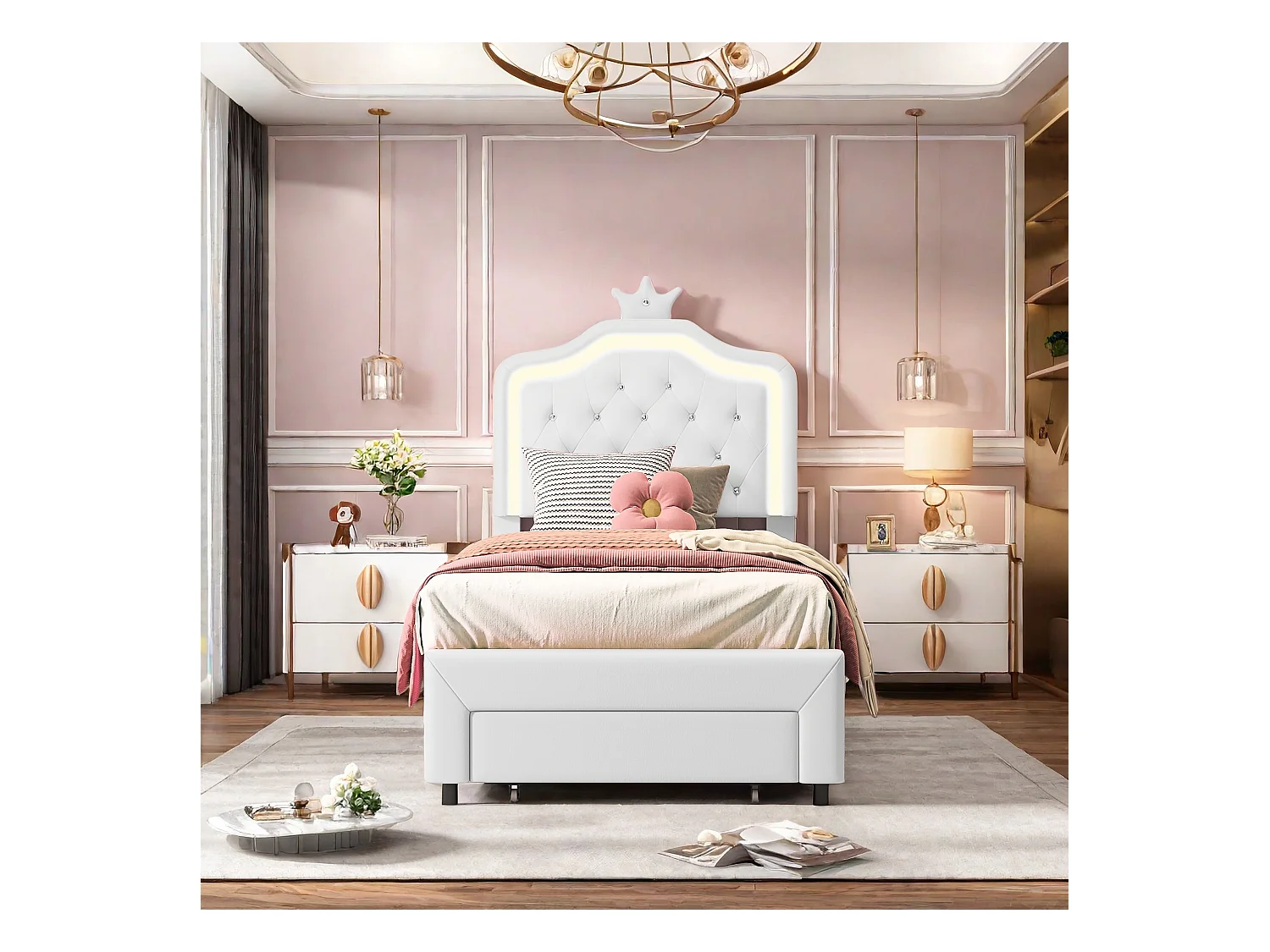 Lit Simple en PU Pour Enfants, 90×200cm Lit Enfant Blanc avec Tiroirs, Tête de lit Couronne avec LED et hauteur réglable