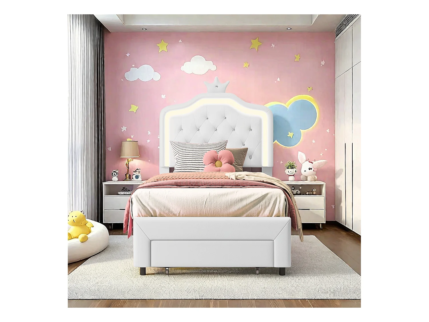 Lit Simple en PU Pour Enfants, 90×200cm Lit Enfant Blanc avec Tiroirs, Tête de lit Couronne avec LED et hauteur réglable