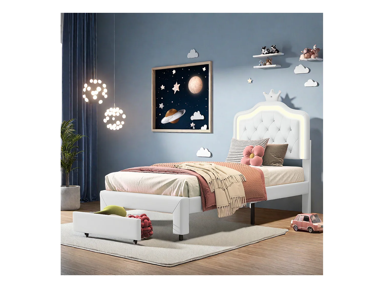Lit Simple en PU Pour Enfants, 90×200cm Lit Enfant Blanc avec Tiroirs, Tête de lit Couronne avec LED et hauteur réglable