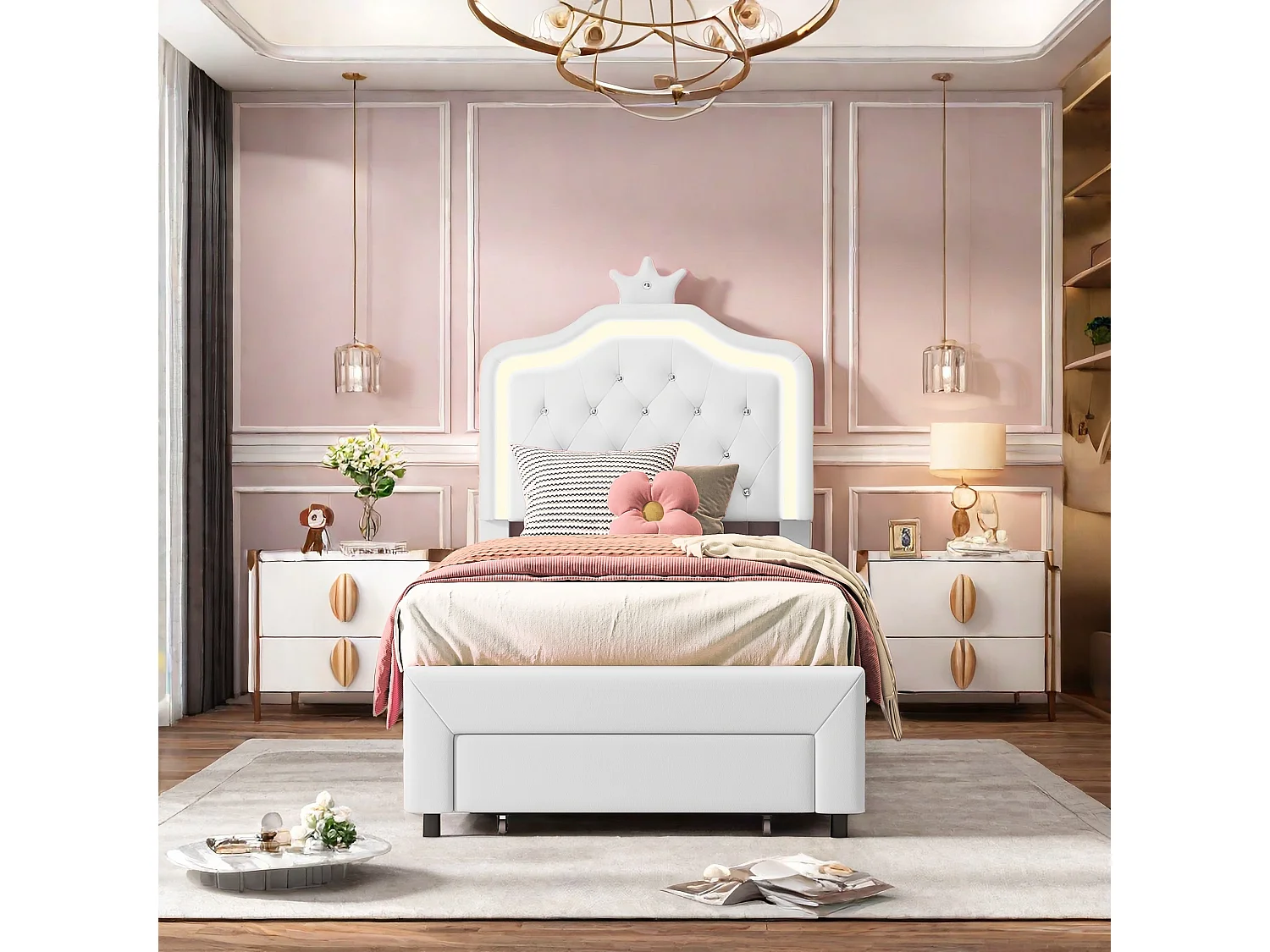 Lit Simple en PU Pour Enfants, 90×200cm Lit Enfant Blanc avec Tiroirs, Tête de lit Couronne avec LED et hauteur réglable