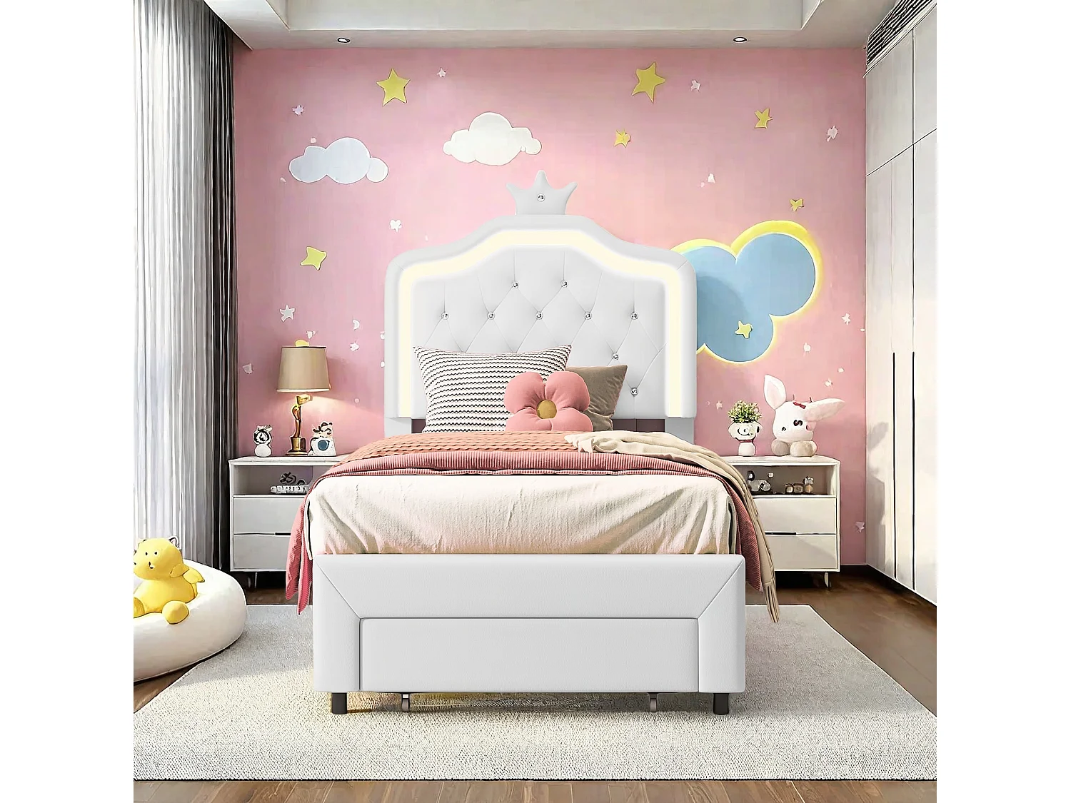 Lit Simple en PU Pour Enfants, 90×200cm Lit Enfant Blanc avec Tiroirs, Tête de lit Couronne avec LED et hauteur réglable