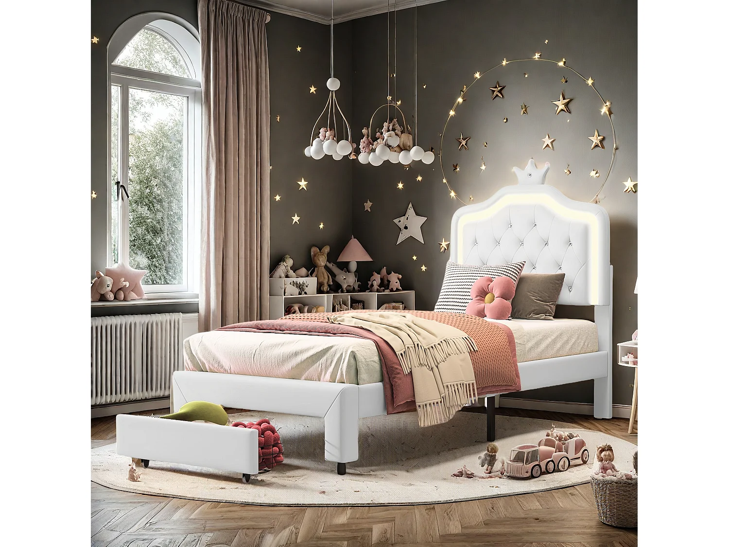 Lit Simple en PU Pour Enfants, 90×200cm Lit Enfant Blanc avec Tiroirs, Tête de lit Couronne avec LED et hauteur réglable
